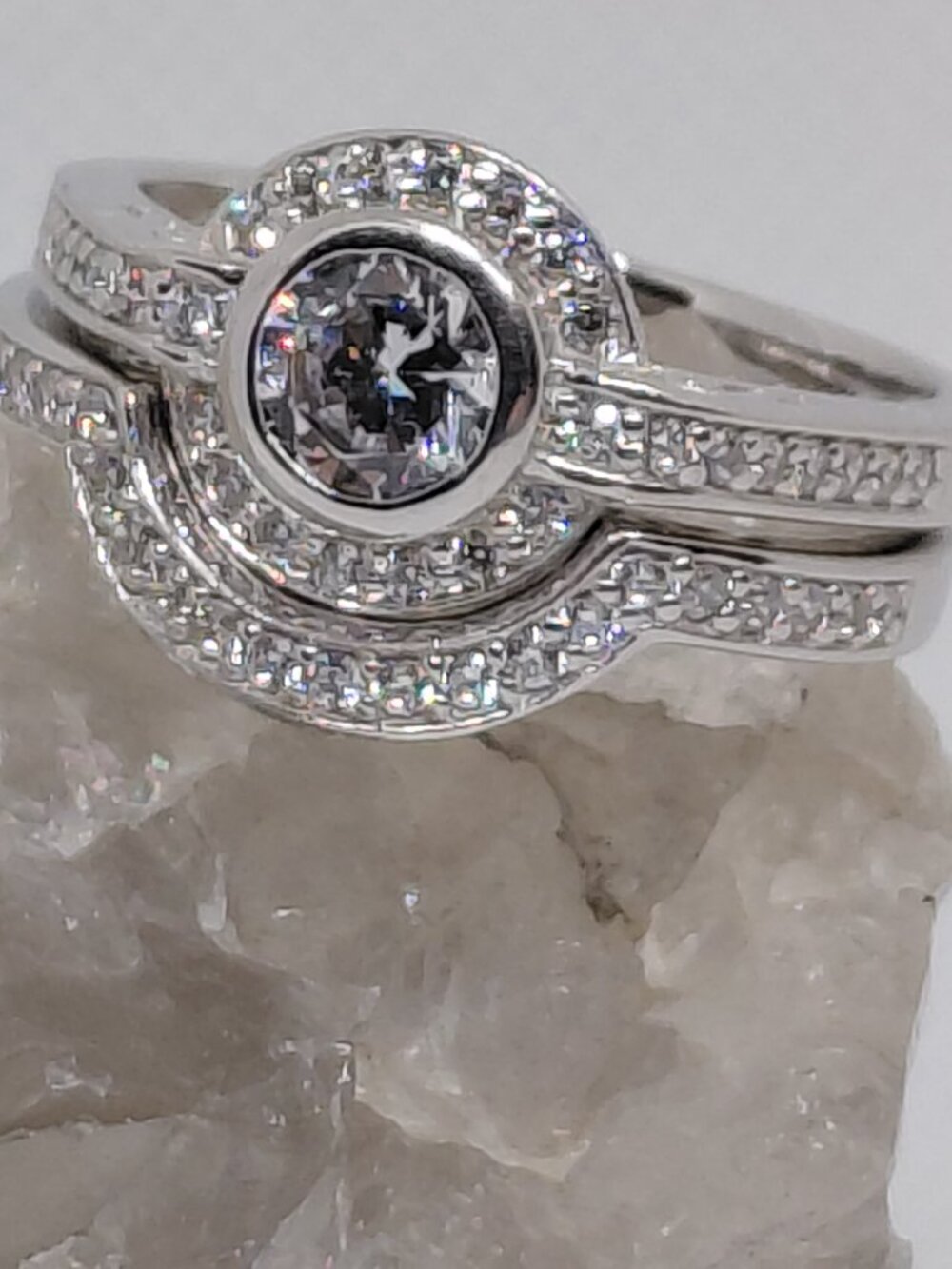 Sterling Silver Travel Bridal Set - Bezel Solitaire & Halo Ring Jacket - Size 9